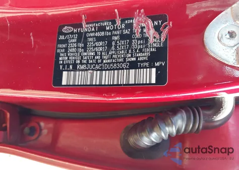 2013 Hyundai Tucson Gls z USA, uszkodzony, nr VIN KM8JUCAC1DU583062